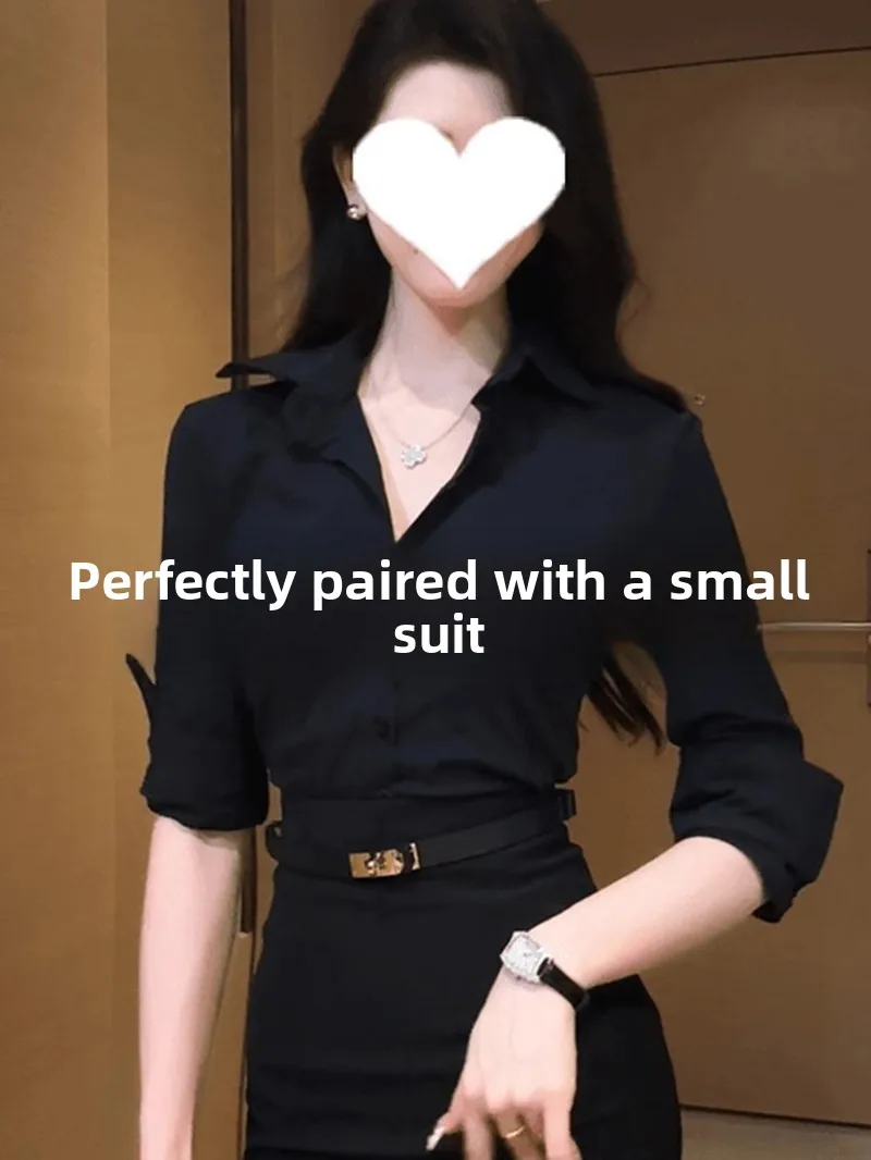 

Женская приталенная рубашка в деловом стиле с воротником, черная, с завышенной талией, для многослойных образов, базовая, для весны и осени