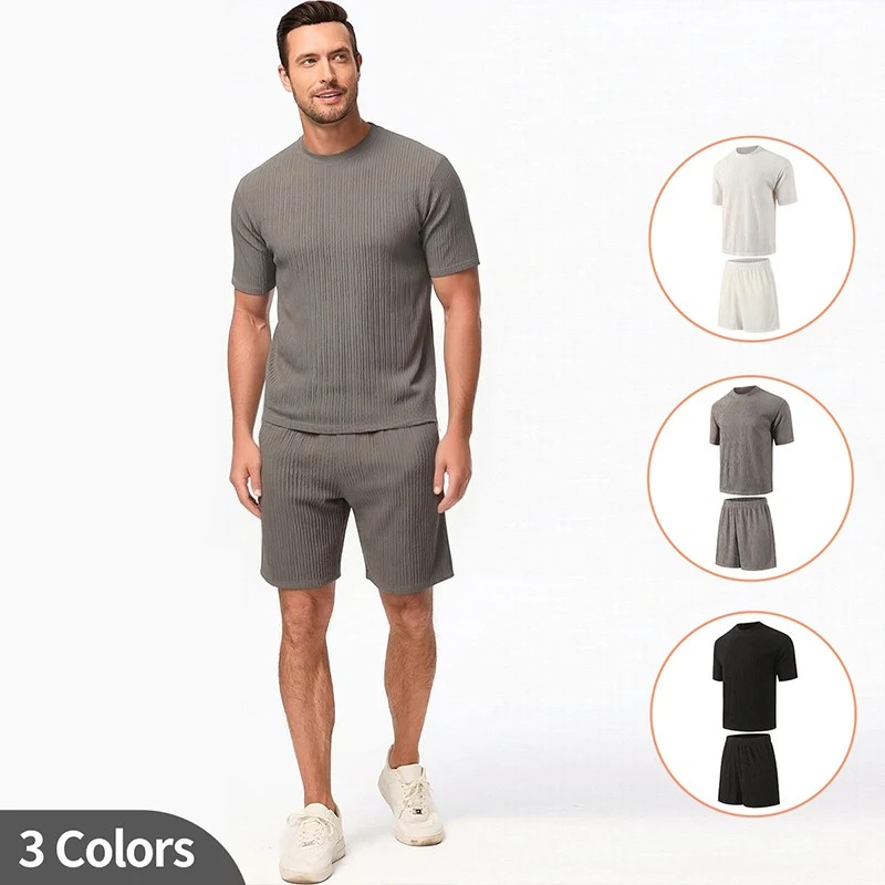 

2-piece summer men's fashionable plus size short sleeved shorts set, comfortable round neck simple T-shirt top, loose pants