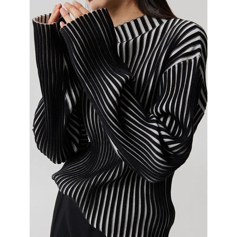 Light Shadow Art Design French Sweater Color Contrast Stand Collar Stripe Knitted Long Sleeve Shirt Women High Level Pullover