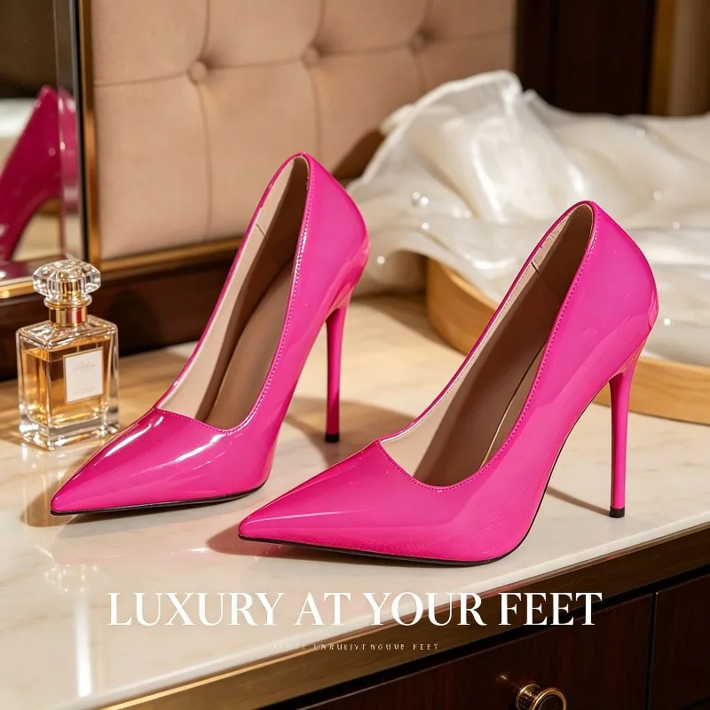 Klassische Modische High Heels Einfarbiges Lackleder Damenpumps 12cm Stiletto Bankett-Hochzeitsschuhe Sexy Spitze Partyschuhe
