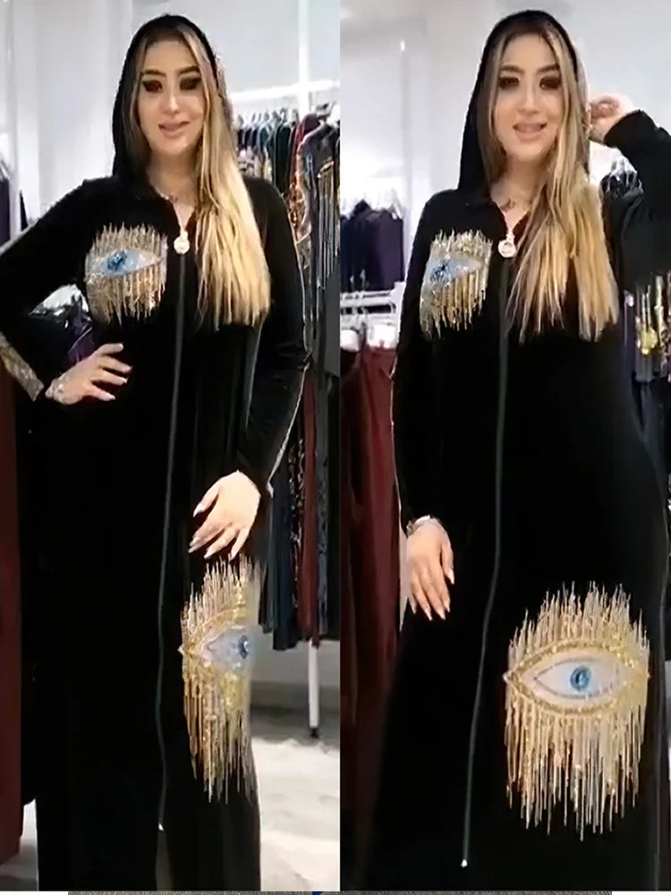 Ramadan Morocco Muslim Hooded Abaya Party Dress Women Turkey Dubai Kaftans Diamond Evening Long Dresses Robe Eid Vestidos Abayas