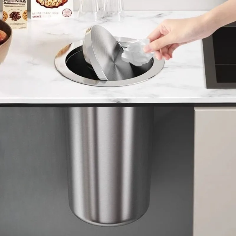 

Metal Silvery Cylinder Waste Bins Medium-sized Embedded Kitchen Waste Bins Rolling Cover Luxury Modern Simple Home Merchandises