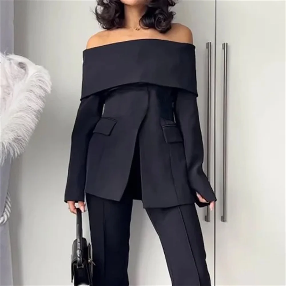 Vrouwen Zwarte Off Shoulder Lange Mouw Blazer Lange Broek Set Herfst Office Lady Elegant Single Breasted Jas Flare Broek Pak