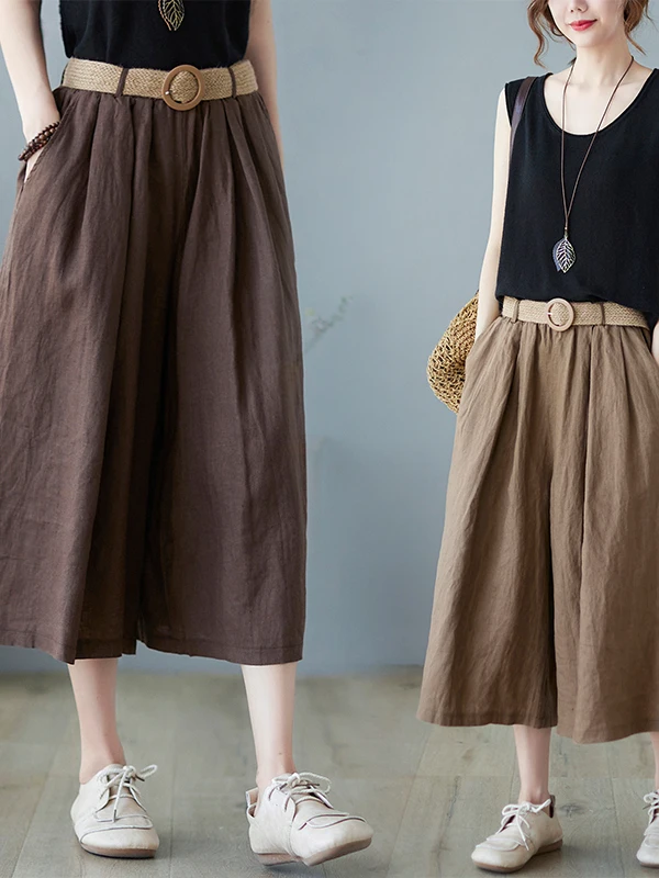 Retro Künstlerische Baumwolle Leinen Breite Bein Hosen Frauen Lose Hosen Rock Casual Vielseitige Abnehmen Sieben-Fuß Hosen