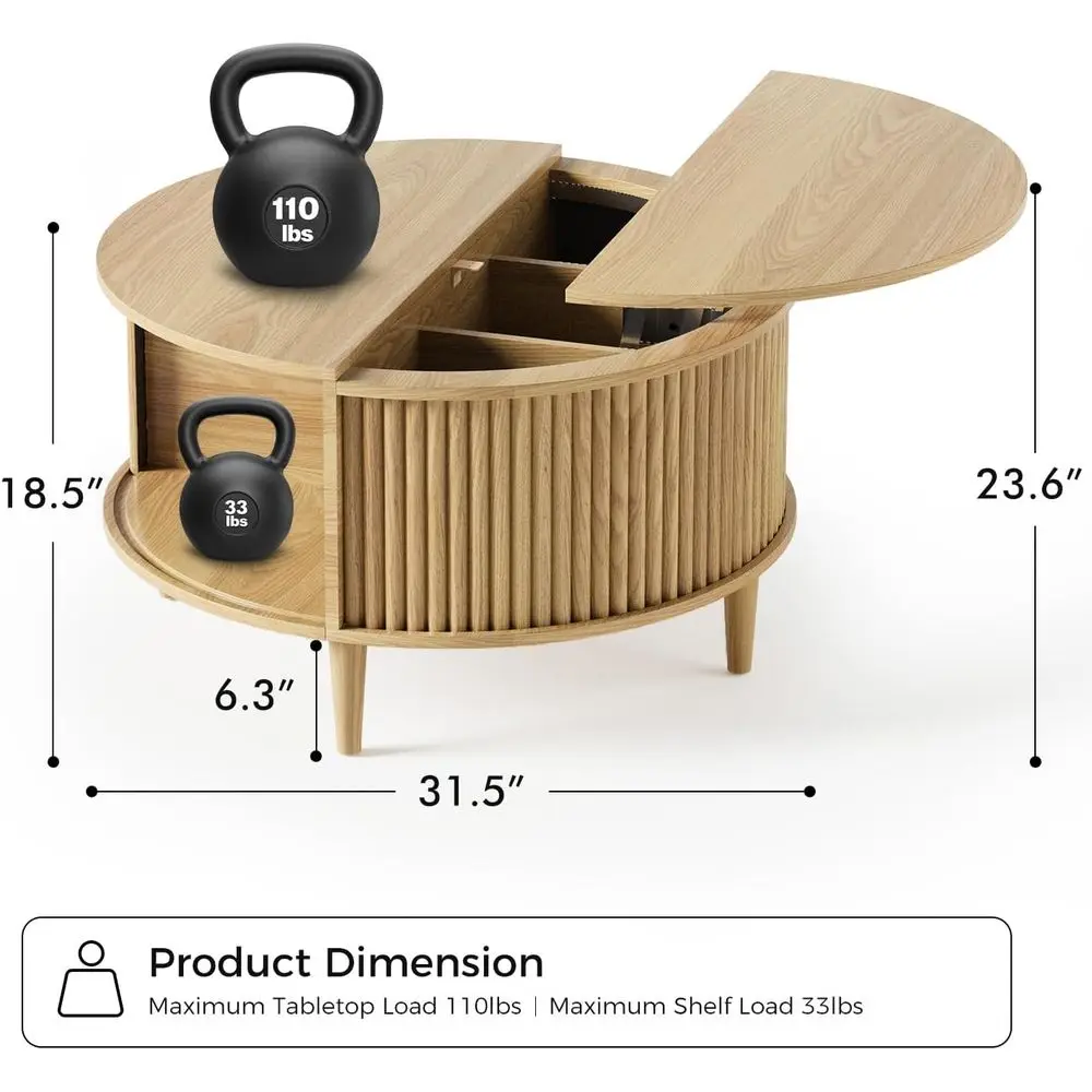 Round Coee Table with Storage, luted Lit Top Coee Table or Living Room, 31.5