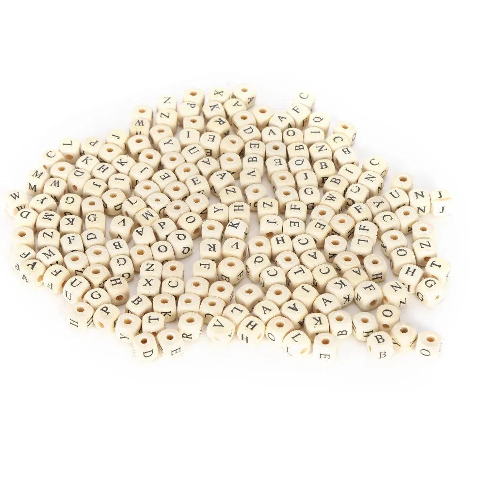 300PCS Creative Round Hole Wooden Beads Engraved Letter 10x10mm Cube Beads Spacer Beads Findings