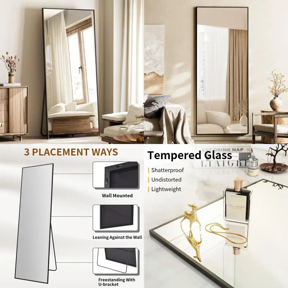 مرآة أرضية كاملة الطول 24 × 65 مع حامل، إطار من سبائك الألومنيوم، مناسبة للوقوف أو التعليق أو الميل، مثالية لكامل الجسم #1