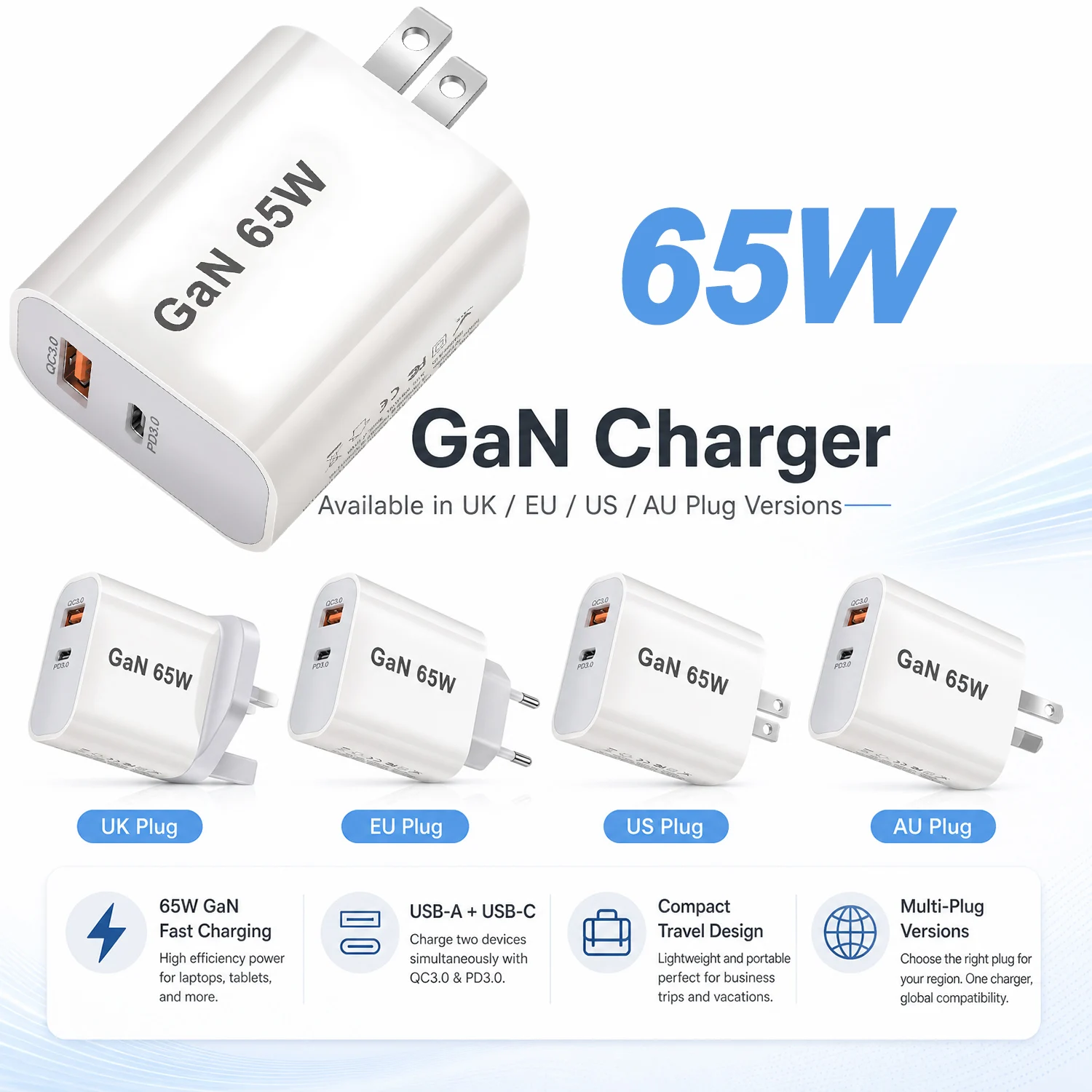 65W GaN USB C Charger 2-Port Fast Charging Phone Charger Power Adapter For iPhone Samsung Type C EU/US/UK/AU Plug Wall Charger ﻿