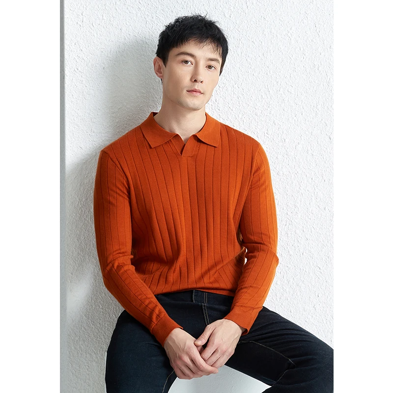 

100% Sheep Wool Polos 2023 Autumn Casual Solid Long Sleeve Knitwear Male Turn Down Collar Pure Worsted Wool Sweater Shirts