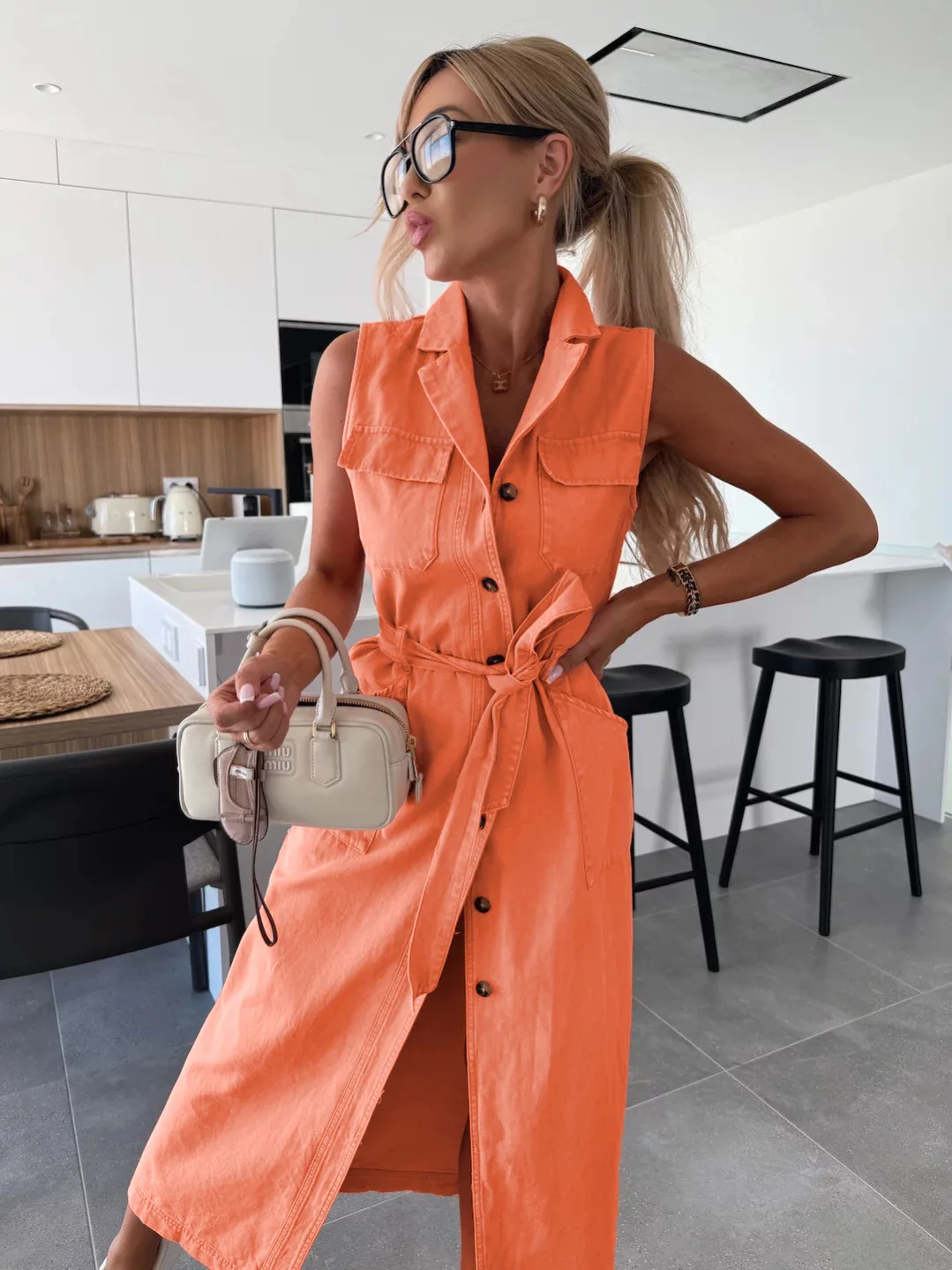 

Casual Elegant Dress Fashion Slim Spring Summer Street Style Sleeveless Button Lapel Lace-Up Waist Single-Breasted Long Dresses