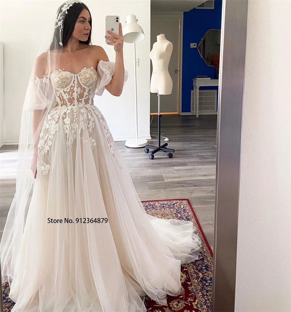 تخصيص الحبيب الرقبة قبالة الكتف تول زينة فساتين الزفاف للنساء 2024 ذيل محكمة زي العرائس Vestido De Noiva