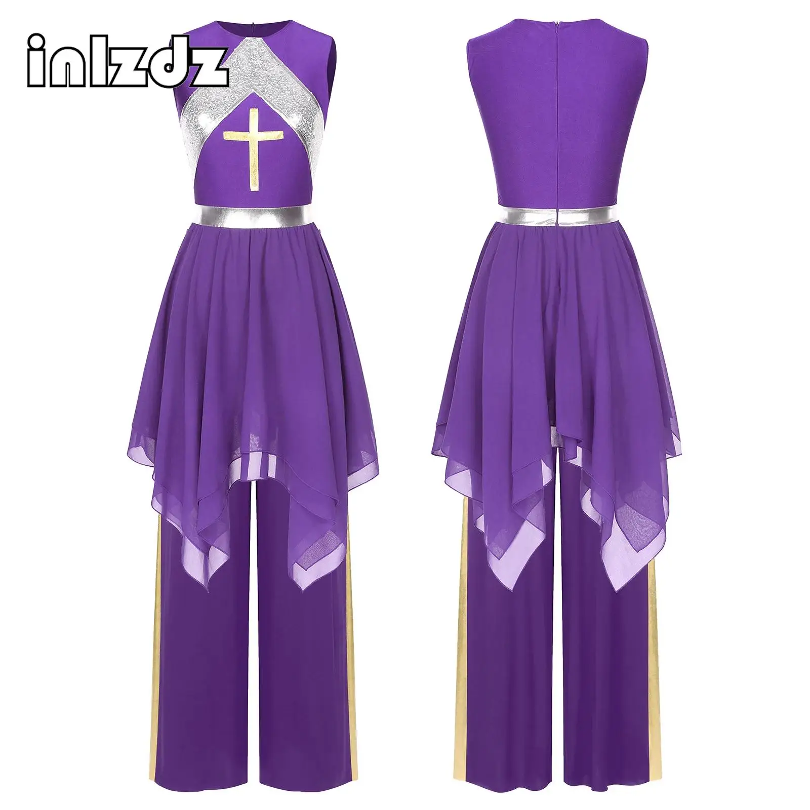 

Women Liturgical Church Choir Worship Dance Costume Outfit Praise Lyrical Tunic Overlay Dress with Pants Liturgical Dancewear