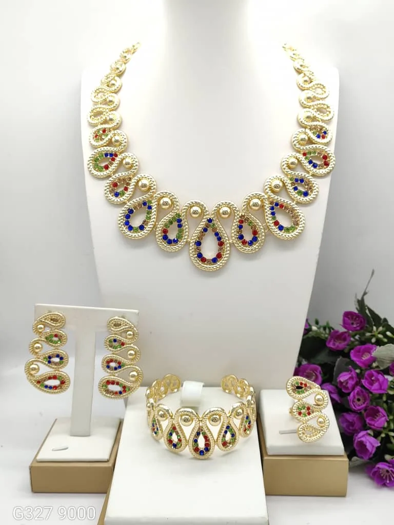

Bridal Jewelry Set for Nigerian Wedding | Gold Plated Necklace Earrings Ring Bangle Dubai Indian Party Gift for Women