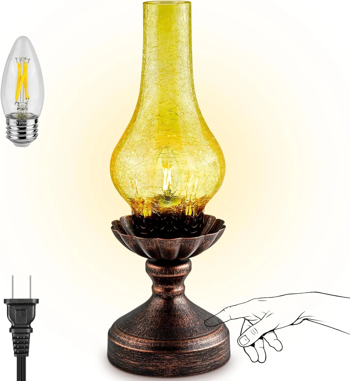 

Vintage Touch Control Table Lamp with Dimmable LED Bulb and Amber Glass Shade for Bedroom or Living Room