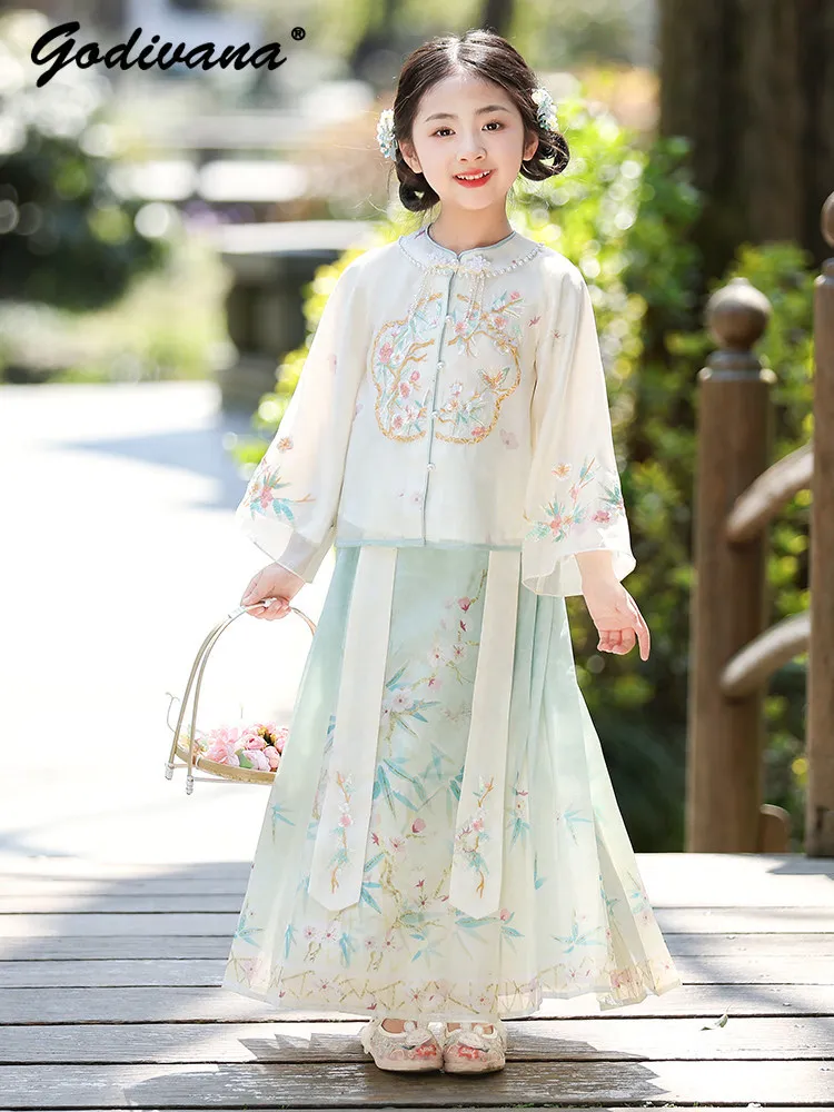 

2026 New Spring Girls Hanfu Sets Kids Chinese Ancient Costume Elegant Embroidered Blouse and Skirt Chinese Style 2pcs Sets