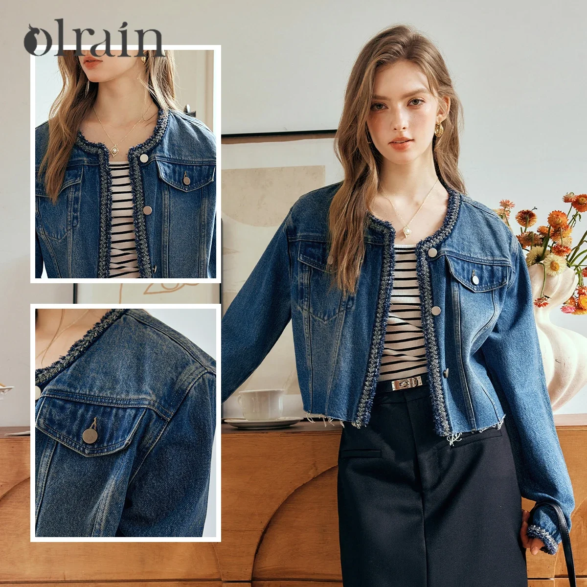 OLrain Women Blue Fringed Denim Jacket 2026 New Casual Minimalist Round Neck Short Pocket Vintage Outerwear Coat N56QW91583