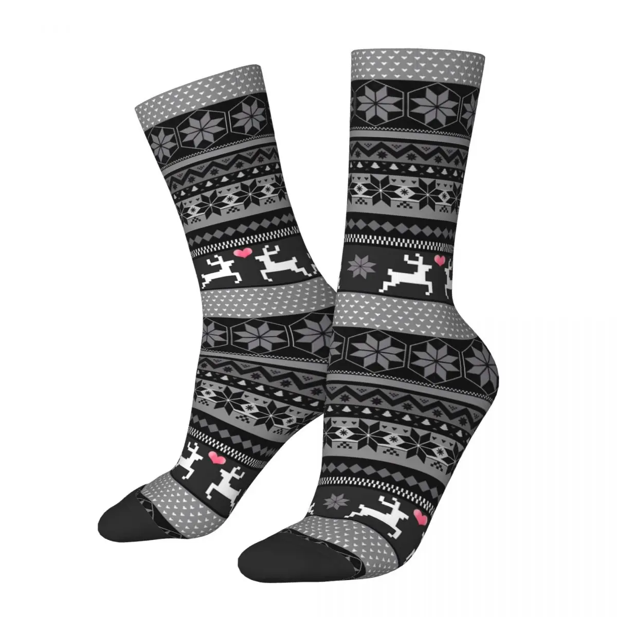 Deer Fair Isle Print Socks Autumn Pink Hearts Stockings Casual Unisex High Quality Socks Graphic Running Anti Sweat Socks