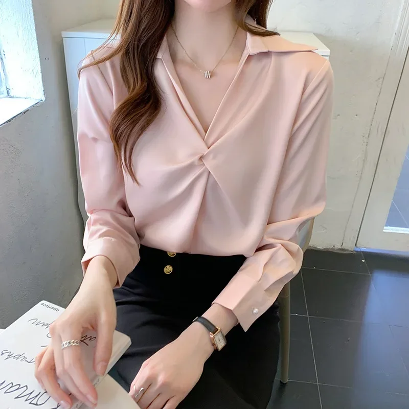 Girls Blue Satin Shirt Elegant Streetwear Smooth Turndown Collar Long Sleeve Pink Blouse Ladies Tops Big Size Women Officewear