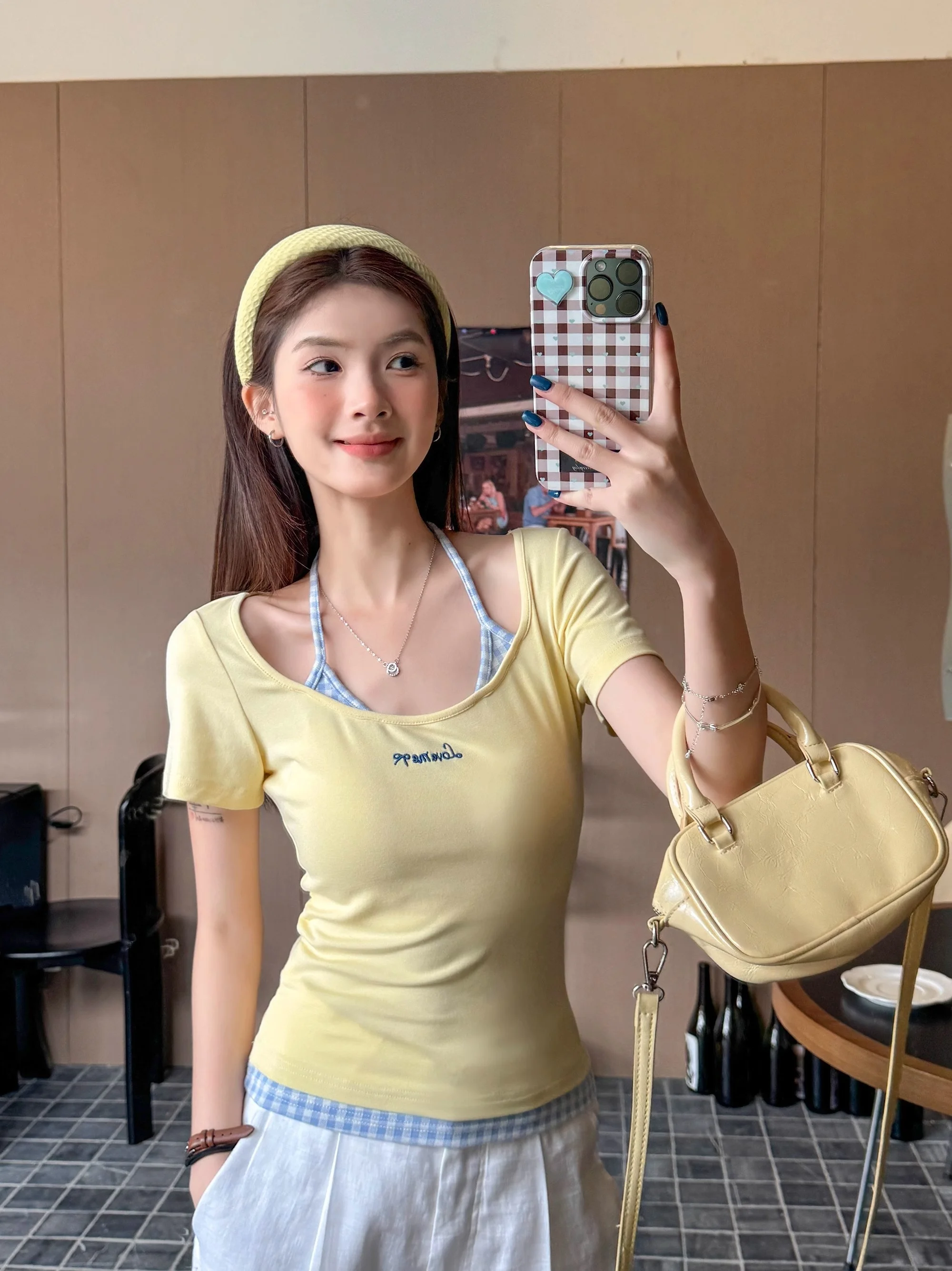 

Yellow Plaid ort Sve Women's T-irt Ne Hanging Strap Slim Fit Summer New Sle Commute Sle Korean Version Durable M...