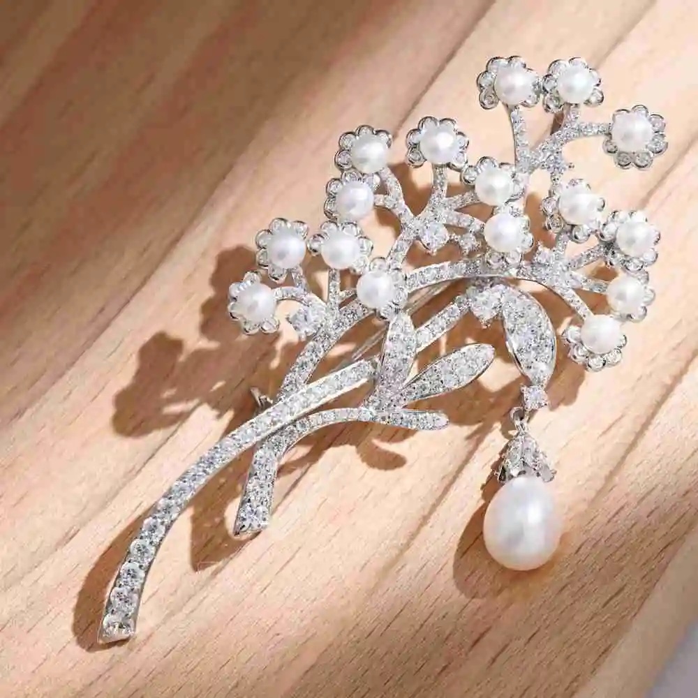 Wong Rain Vintage 925 Sterling Sliver Freshwater Pearl White Sapphire Diamond Flowers Brooches Engagement Fine Jewelry Wholesale