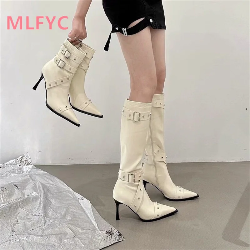 High Heel Short Boots Women's Thin Heel Pointed Head 2023 New European and American Autumn/Winter Belt Buckle Slim Boots