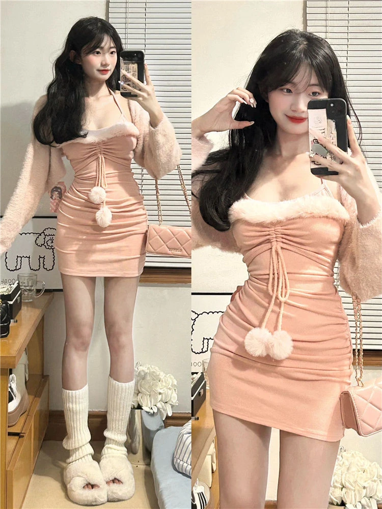 2023 Autumn Slim Bodycon Suit Woman Sleeveless Y2k Mini Dress + Casual Crop Tops Kawaii Pink Set Elegant Korean Fashion Clothing