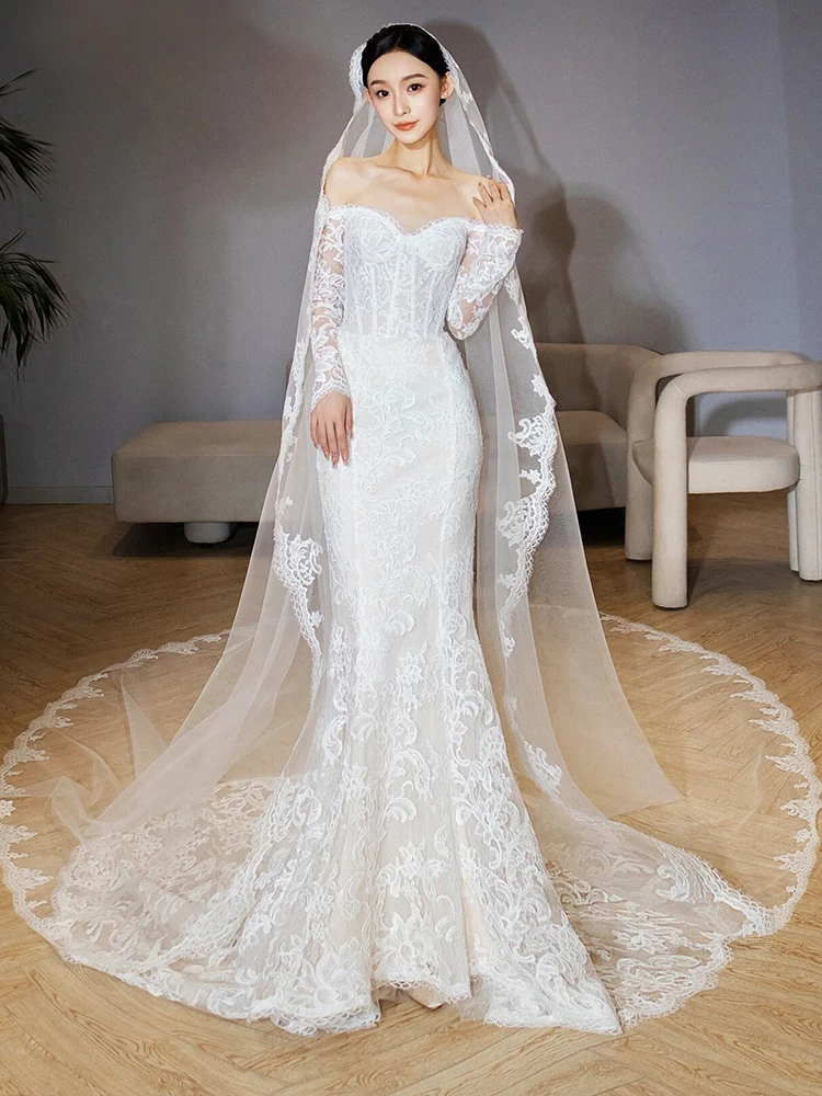 

Элегантное кружевное свадебное платье на одно плечо для выхода на церемонию, приталенное, с эффектом «рыбий хвост», винтажное, на молнии, со средней талией