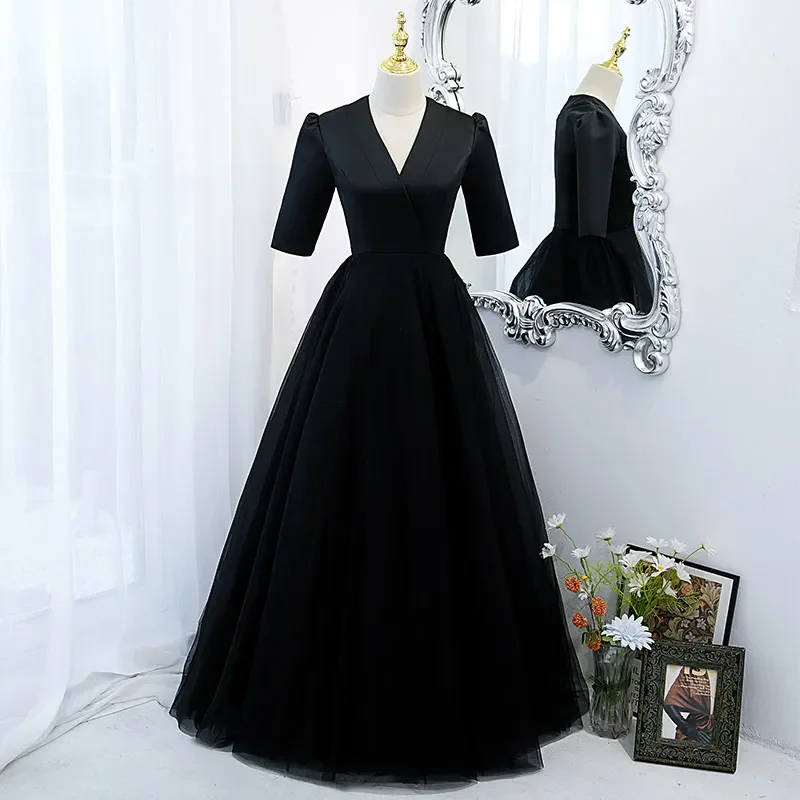 

Evening Dress Elegant Half Sleeves Simple V-Neck Empire Floor-Length Zipper Back A-Line Black Party Formal Dresses Woman B1292