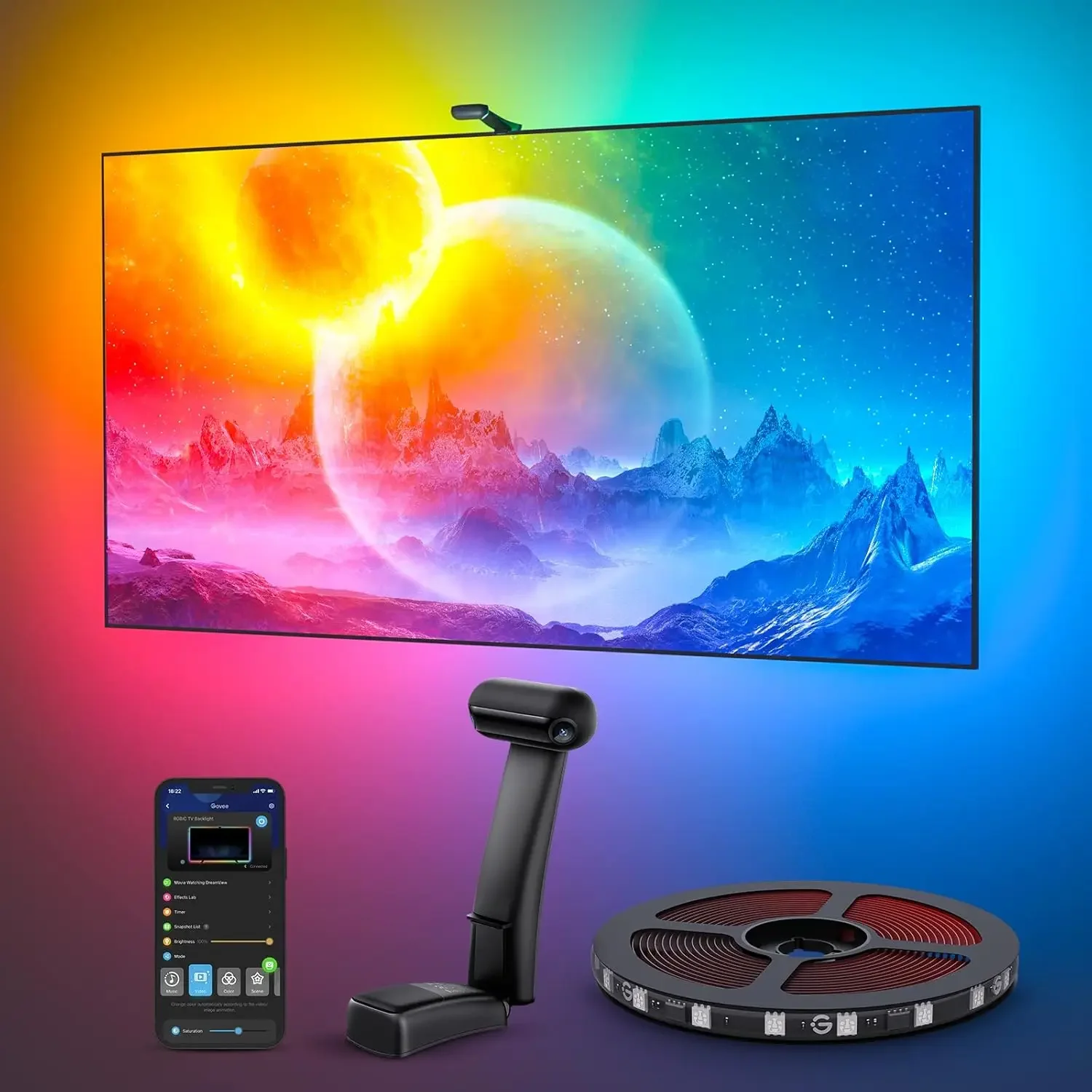 

TV Backlight T2 with Dual Cameras, 16.4ft RGBIC Wi-Fi LED Backlights for 75-85 inch TVs, Double Light Beads