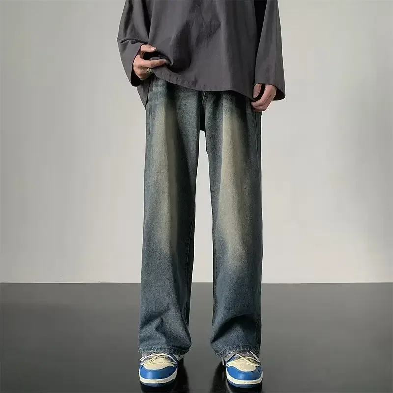 Korean Vintage Jeans For Men 2026 Summer New Wide Leg High Street Straight Baggy Pants Y2k Fashion Men Clothing Streetwear
