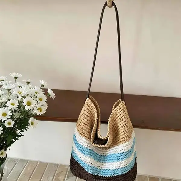 CLAREGQI  Striped Crochet Straw Shoulder Bag Summer Handwoven Bucket Bag Casual Vacation Crossbody Tote Bag For Women