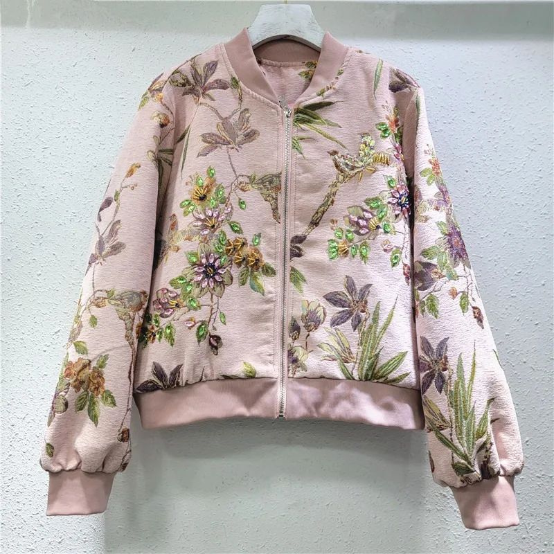 

Осенняя куртка с цветочной вышивкой и бриллиантами, женская куртка с воротником-стойкой и длинными рукавами, короткое пальто на молнии, повседневное модное женское бейсбольное джерси