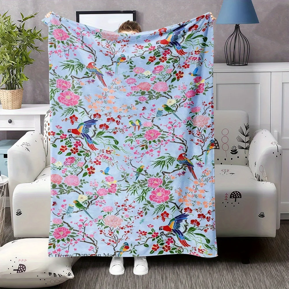 Color Parrot Peony Leaf Light Blue Base Print Blanket, Light Flannel Throw For Couch Room, Oriental Floral Daily Blanket