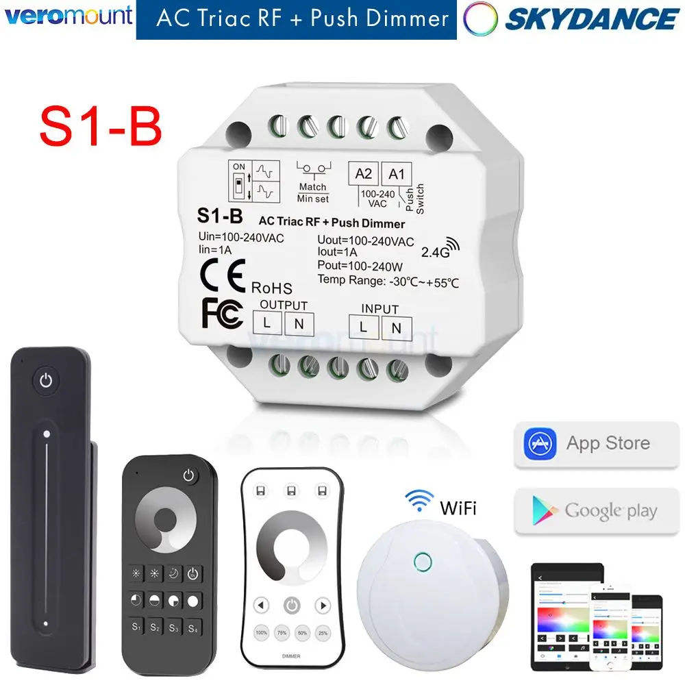 Skydance S1-B LED Dimmer 110V 220V AC LED Triac Dimmer for Single Color Strip Light Bulb Lamp 2.4G Wireless RF Remote Control