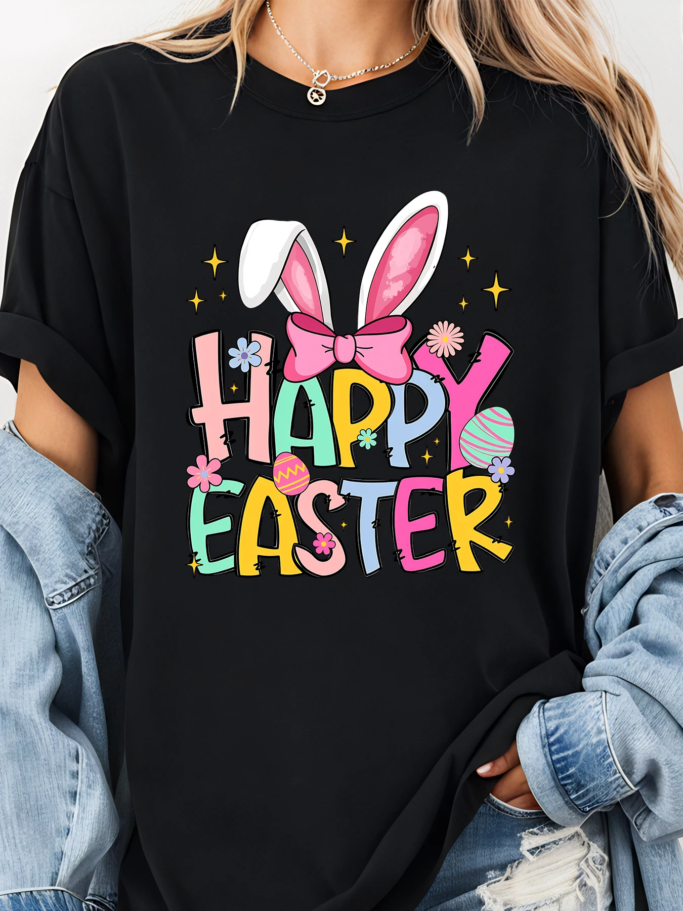Camiseta con estampado de Pascua con Orejas de conejo de Pascua, ropa informal con detalles florales y huevos para mujer, traje de celebración de primavera