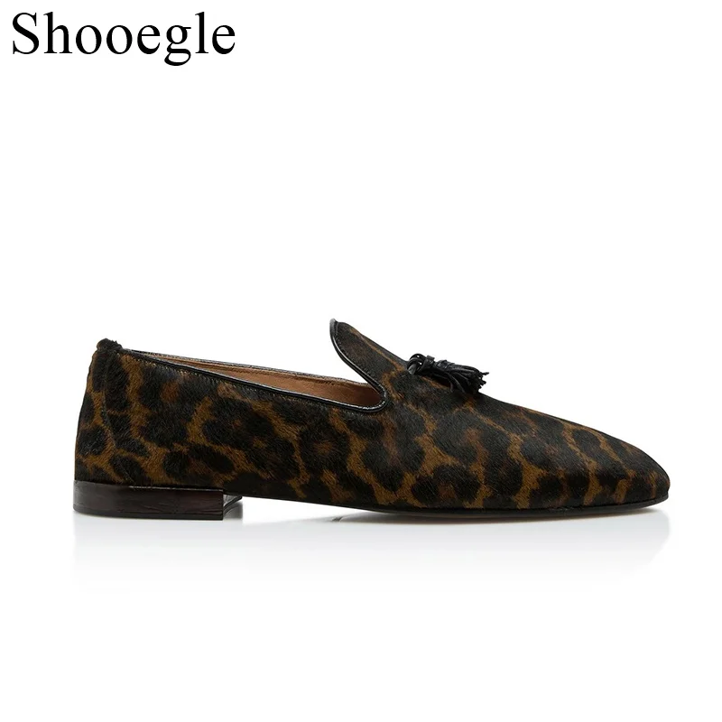 Tassels Leopard-print  Low-heel Animal Print Pattern Loafers Foot Groove Design Party Wedding Office Casual Shoes Men