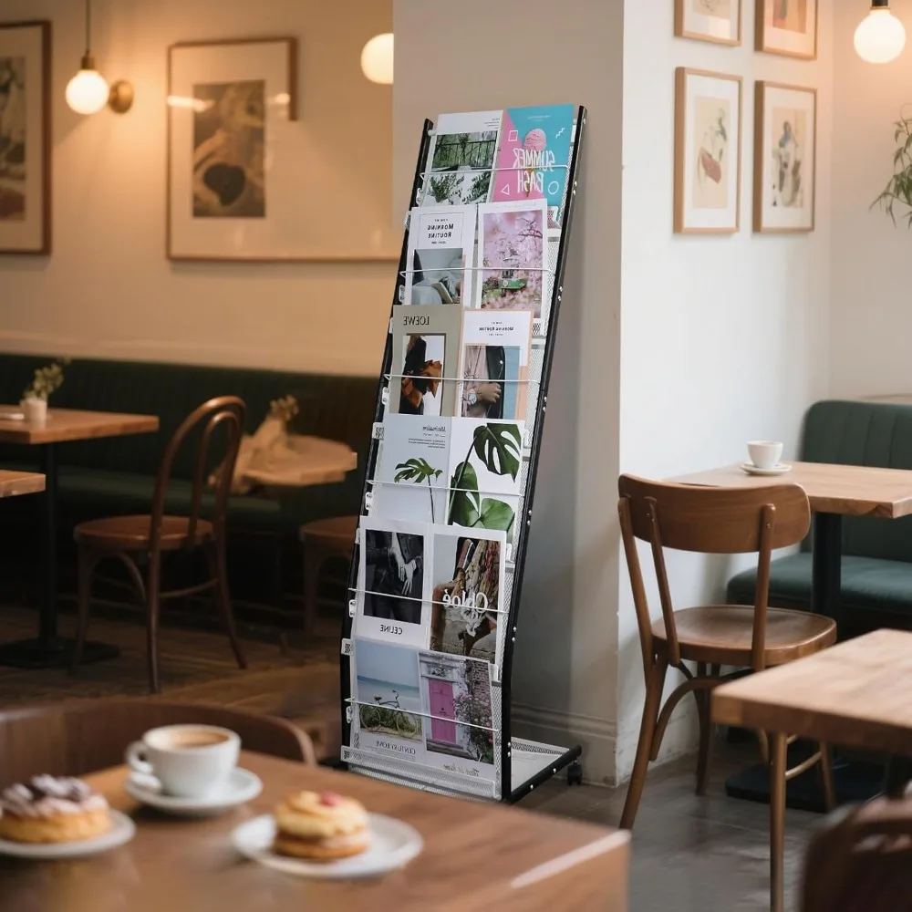 رف مجلات قائم بذاته مكون من 6 طبقات مع عجلات لعرض الكتيب في المعارض والمكاتب ومراكز المعلومات