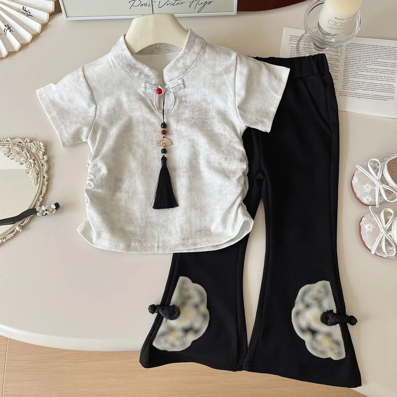 

Girls' New Chinese Style Suit Summer2024New Children's National Style Frog Button Short Sleeve Skinny Wide-Leg Pants Two-Piece S