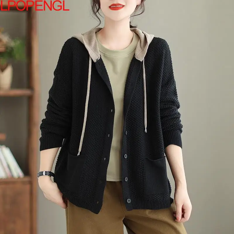 New Women Autumn Hooded Sweater Knitted Cardigan Vintage Loose Versatile Long Sleeve Contrasting Patchwork Single Breasted Coat