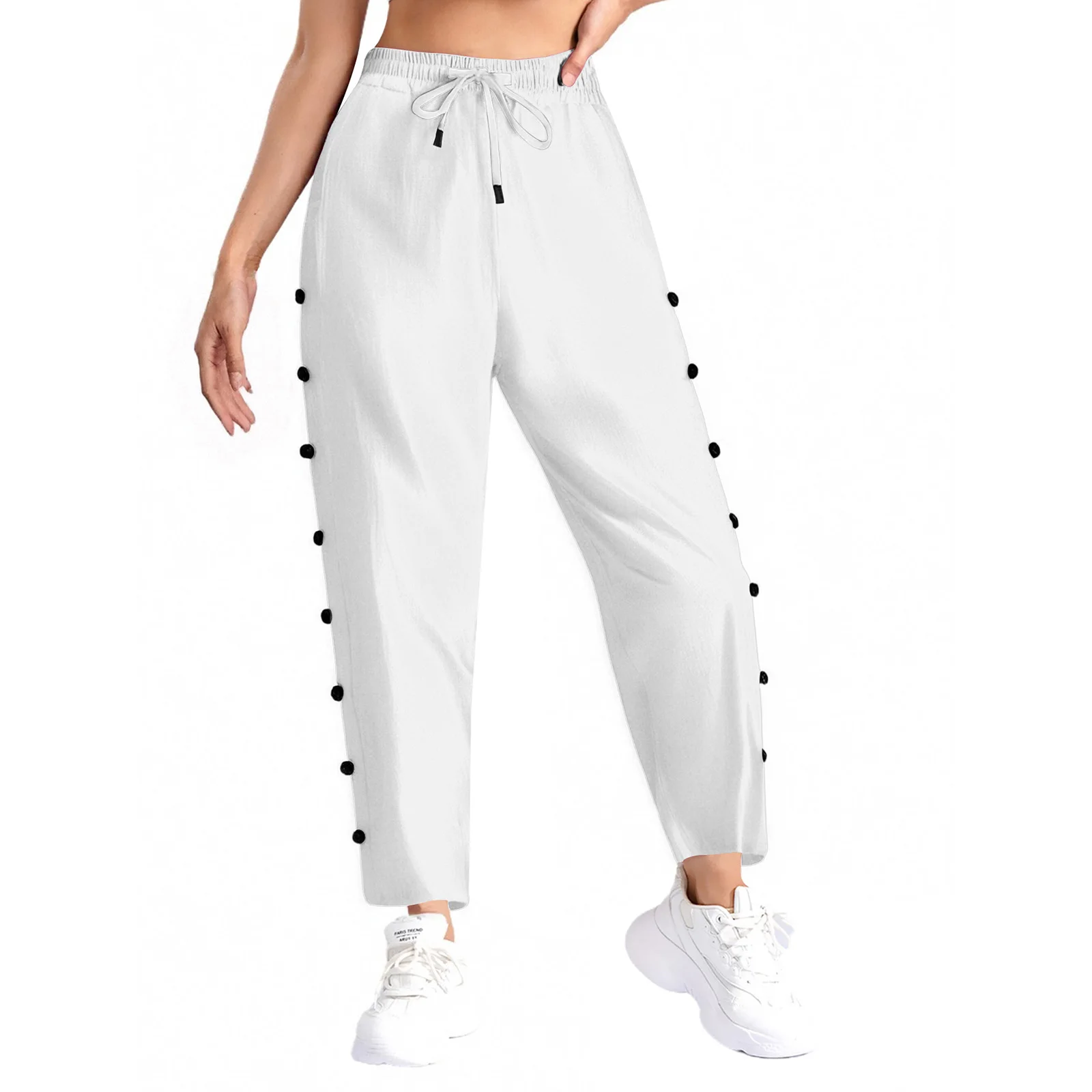 

Women Casual Solid Color Capri Pants Elastic Waist with Drawstring Pockets Side Buttons Lounging Pants for Daily Wear Beach