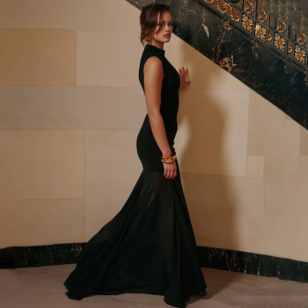 Apprabant mujeres otoño pura malla Patchwork recortado sin mangas vestido de sirena cuello alto Sexy vestido de noche largo elegante traje de fiesta