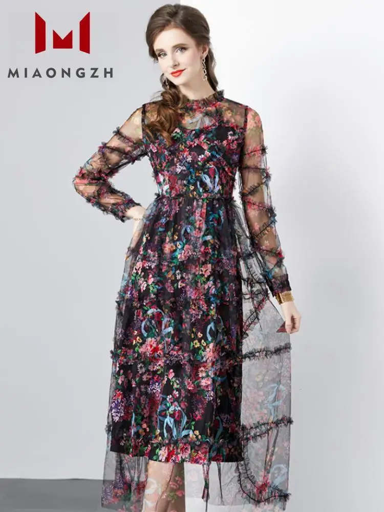 Vestidos largos de malla de retazos con estampado de moda para mujer, vestido de noche Vintage elegante con volantes, cuello redondo, adelgazante, cintura alta, flores