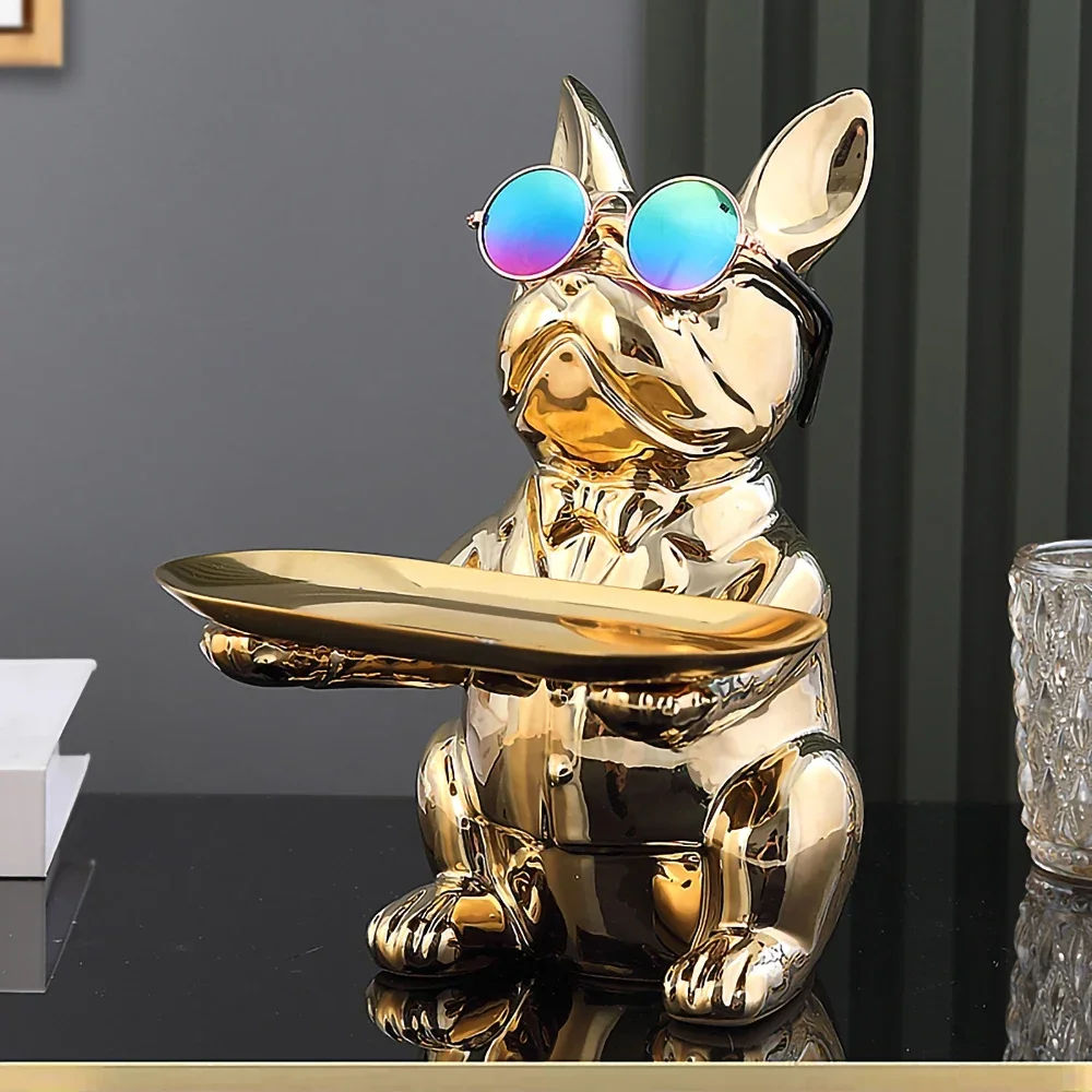 

Ceramic Décor Dog Statue Butler with Tray for Storage Table Live Room French Bulldog Figurine Ornaments Decorative Sculpture