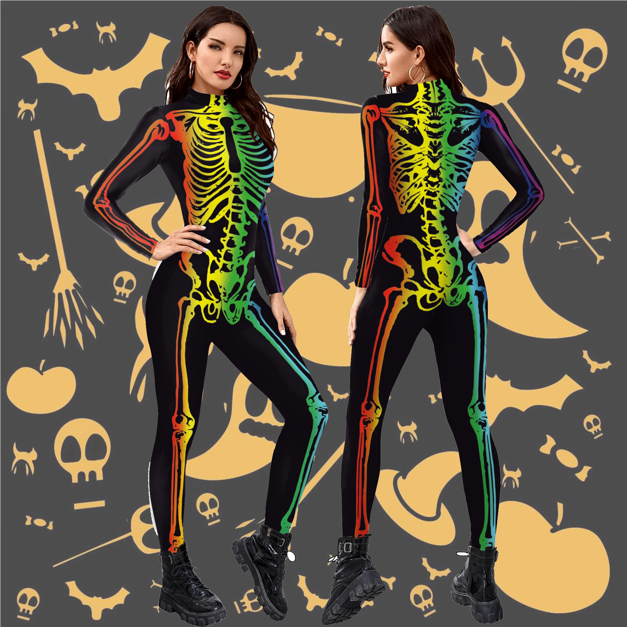 IOOTIANY Sexy Enganliegender Skelett-Print Jumpsuit Catsuit Totenkopf Halloween Karneval Party Cosplay Bodysuit Damen Cosplay Kostüme – Detail 2