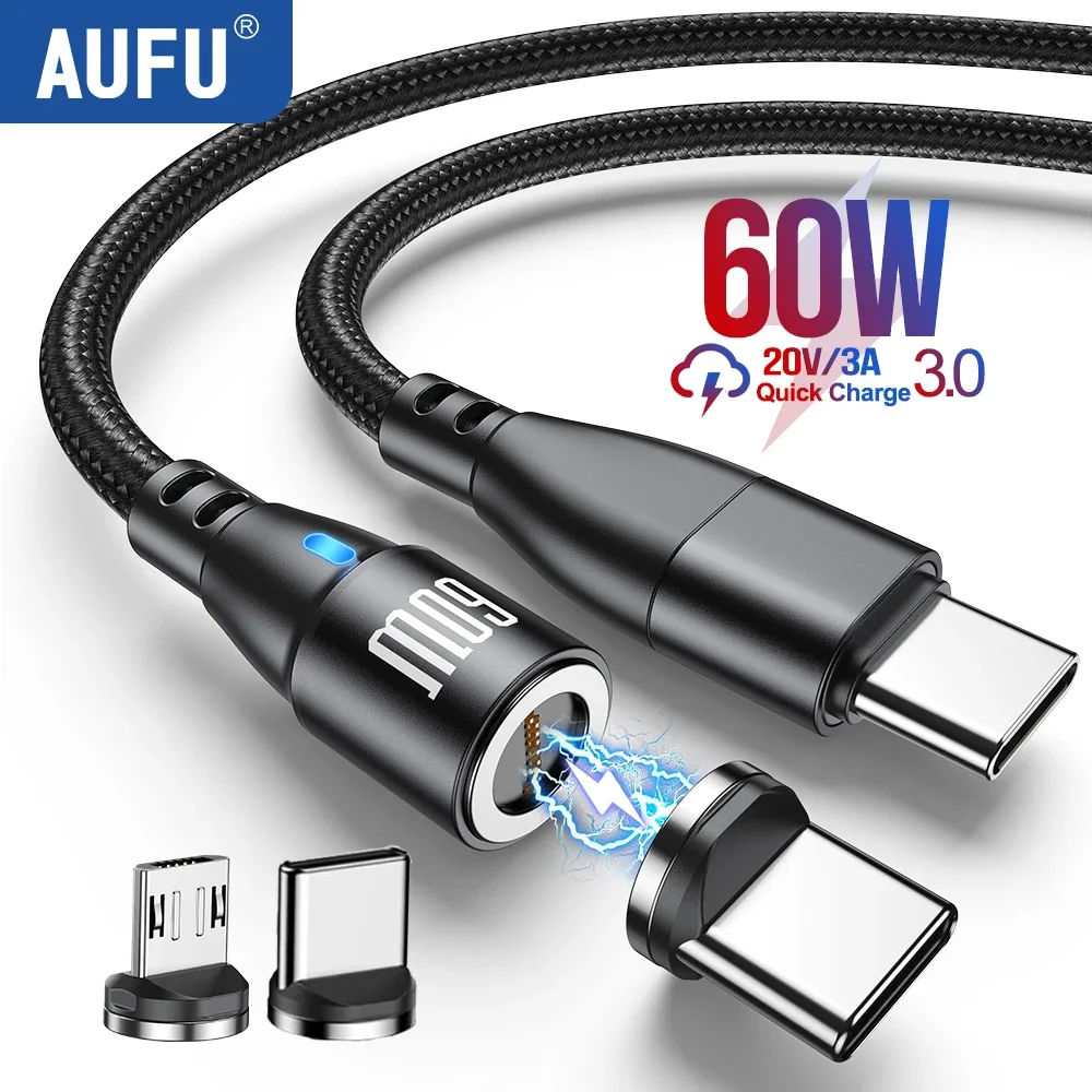 AUFU 540 Rotate 60W Fast Charging Magnetic USB Type C Cable For Macbook Xiaomi Samsung Micro Magnet Charger Phone Data Wire Cord