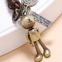 Retro Gem Mens Rabbit Pendent Leather Rope Keychain Vintage Copper Metal Key Rings Punk Style Auto Car Key Chain Jewelry Gifts