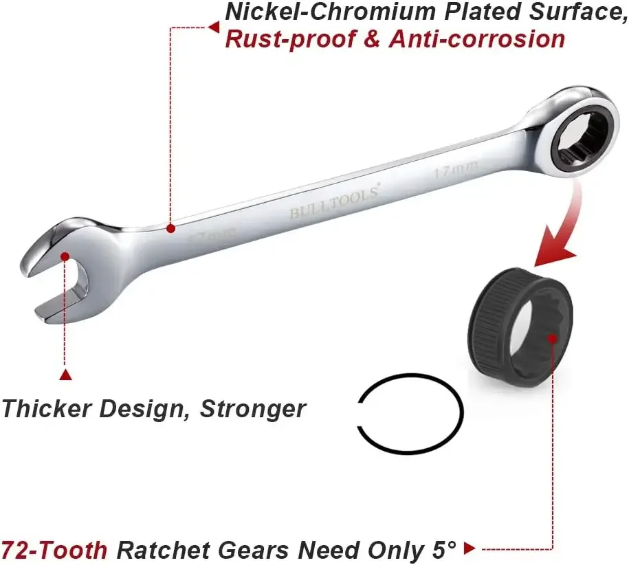 BULLTOOLS 22-Piece Ratchet Wrenches Chrome Vanadium Steel Ratcheting Wrench Set with Metric and SAE 72-Tooth Box