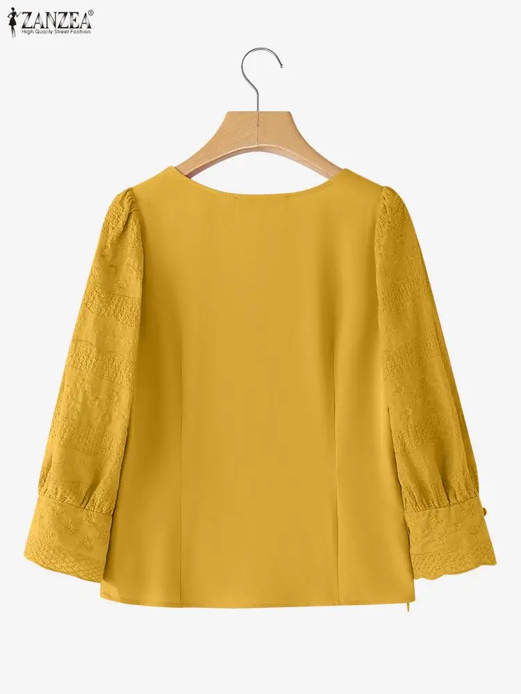 2025 mulheres elegante blusa bordada zanzea outono rendas retalhos camisa pescoço quadrado manga longa blusas de trabalho casual femme
