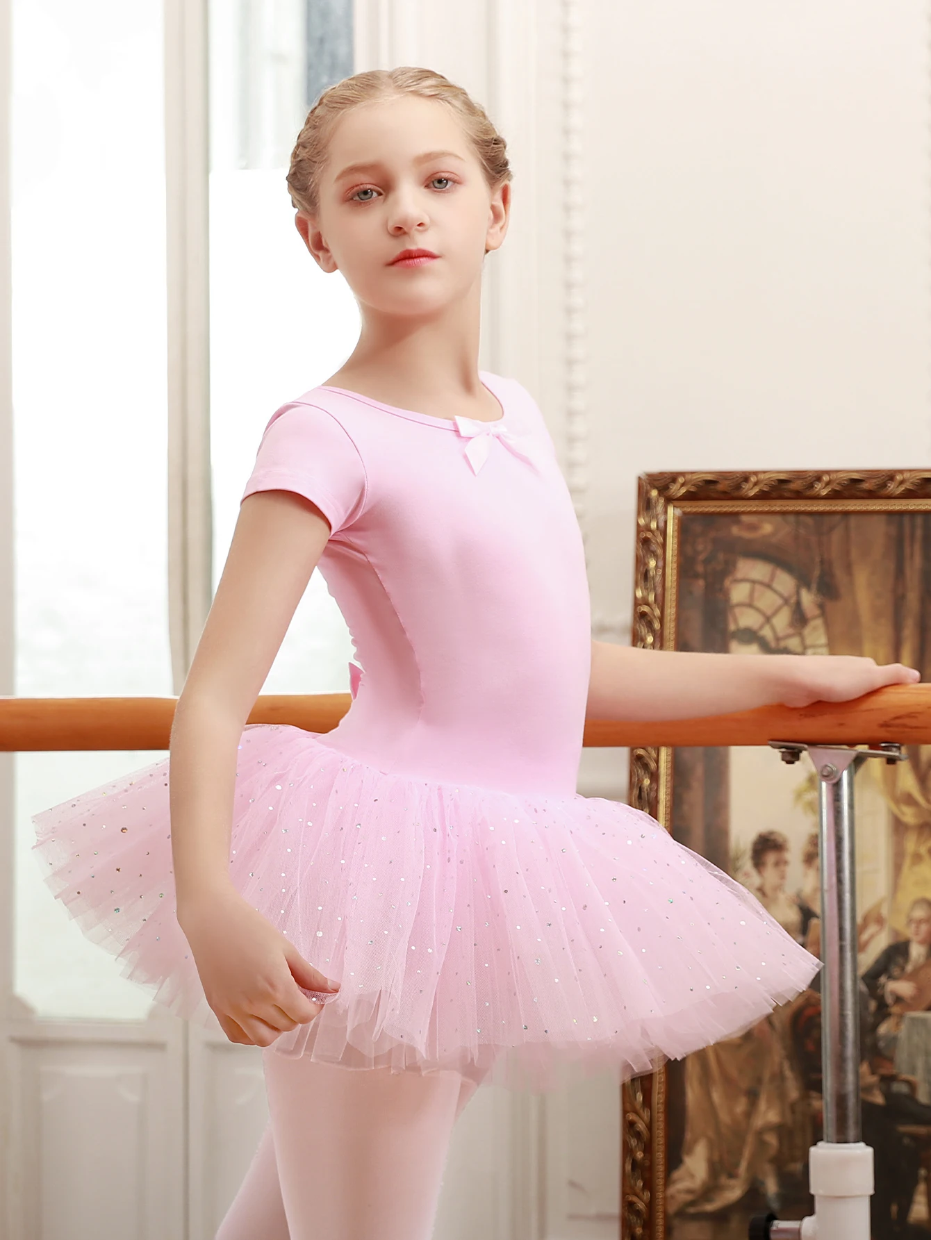 Girl\'s Bowtie Tulle Tutu Mesh Short Sleeve Ballet Dance Dress Practice Performance Clothes Leotards