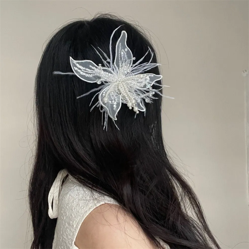 

Fairy Sequin Lace Feather Hair Clip Beads Mesh Flower Hairpin Floral Edge Clip Bridal Wedding Headwear Dance Show Headwear